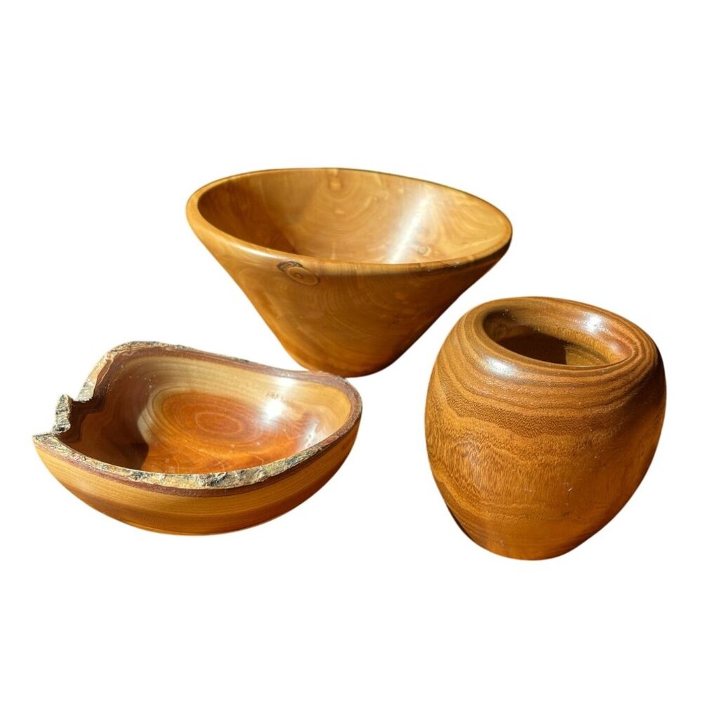 Handcrafted Wooden Bowls Made From Juniper, Apricot & Mulberry Wood Set Of 3